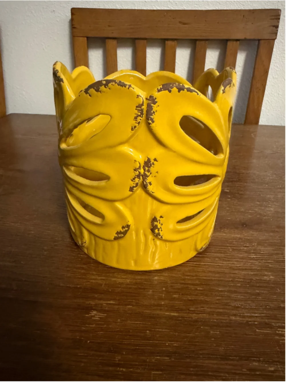Yellow Ceramic Floral Cutout Candle Holder Luminary Distressed 6” Boho Decor